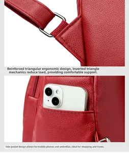 Detail of red leather backpack showing reinforced shoulder straps and side pockets