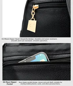 Detail of smooth gold zipper with kangaroo pendant and anti-theft back pocket on leather bag