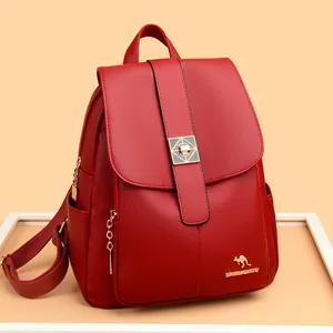 Litchi pattern leather backpack for women with golden kangaroo logo and lock closure