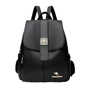 Black pebbled leather women's backpack with golden metal buckle and kangaroo logo