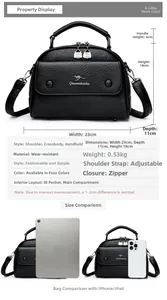 Detailed dimension guide for black pebble leather doctor bag with iPad size comparison
