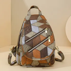 Patchwork leather crossbody chest bag for women with multi-texture brown panels