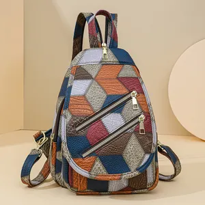 Retro multi-color patchwork faux leather sling bag for women with adjustable straps