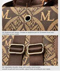 Detail of vintage patterned backpack showing golden earphone jack and adjustable strap