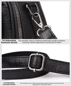 Detail of adjustable shoulder strap with reinforced metal hardware on a black leather bag