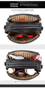 Internal view of black leather crossbody bag showing multiple pockets and storage capacity