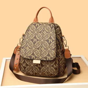 Vintage Monogram Women's Backpack Large Capacity PVC Synthetic Leather Schoolbag With Rivets Fashion Travel Rucksack Brown