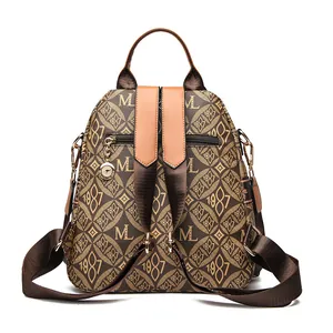 Vintage patterned brown backpack for women with M letter print and kangaroo charm