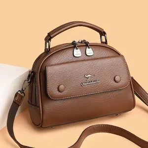 Women Litchi Texture PU Leather Handbag Vintage Doctor Style Crossbody Bag With Kangaroo Logo Double Zipper Shoulder Bag