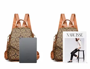Brown printed backpack shown alongside an 8.3-inch tablet and A4 magazine for size reference