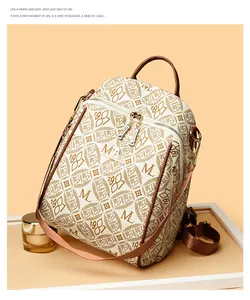 Detail of cream backpack featuring vintage M print and premium gold zipper hardware