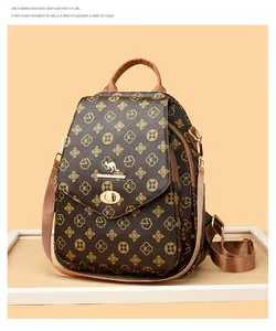 Close-up of vintage brown patterned backpack with metallic twist lock and handle