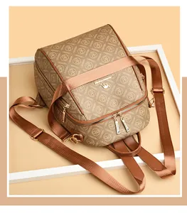 Detail view of vintage brown monogrammed backpack with leather texture and metal logo