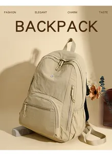 Close-up of beige water-resistant nylon backpack with front pocket and drawstring zippers