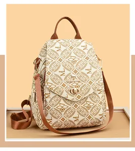 Close-up of golden kangaroo twist lock and classic monogram pattern on stylish backpack