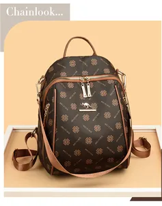 Detailed close-up of brown monogram backpack featuring gold kangaroo logo and metal hardware