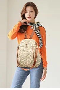 Detail of vintage monogram backpack with ML and 1987 print on adjustable brown straps
