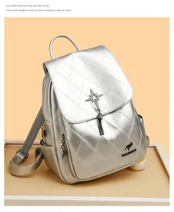 Detail of silver quilted backpack featuring fringe star charm and chain tassels