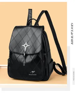 Detail of black quilted leather backpack with star tassel and metallic brand logo