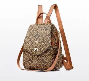 Close-up of vintage monogram printed PVC backpack with kangaroo logo and turn-lock