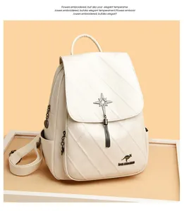 Detail view of quilted white backpack with rhinestone star and silver chain tassels