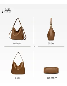 Multi-angle views of khaki hobo shoulder bag with rivet details and large capacity