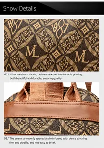 Detail showing the wear-resistant printed PVC leather and durable brown stitching