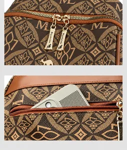 Detail of vintage patterned backpack showing golden logo zipper and anti-theft back pocket