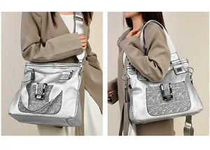 Detail der silbernen Metallic-Tote-Bag mit Schlangenmuster-Tasche und Nietendetails