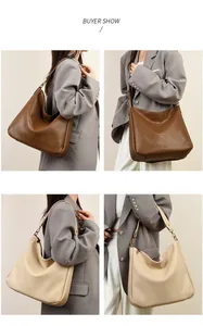 Detailed views of high-capacity hobo bags in dark brown and beige with litchi texture