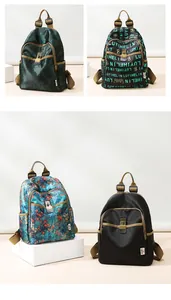 Detail view of four floral pattern nylon backpacks with anti-theft locks and front pockets