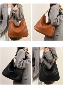 Detailed views of high-capacity leather tote bags in brown and black for daily commute