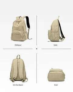 Detailed multi-angle views of khaki waterproof nylon backpack showing front, side and back