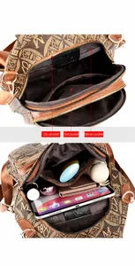 Detail view of printed PVC backpack interior showing zip pocket and laptop compartment