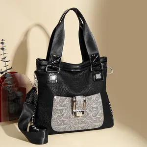 Damen Echtleder Lokomotiven-Handtasche Nieten Strass Schlangenmuster Große Kapazität Tragetasche Mit Breitem Schultergurt