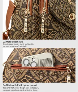 Close-up of golden zipper hardware and anti-theft back pocket on printed PVC backpack