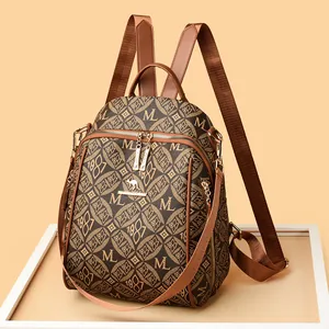 Vintage brown PVC backpack with geometric M1987 print and kangaroo metal logo for women