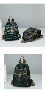Detail of floral and bamboo pattern backpacks with premium metal buckles and woven straps