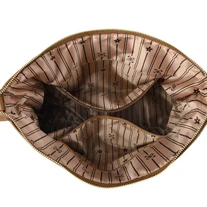 Internal structure of large brown tote bag with striped lining and multiple compartments