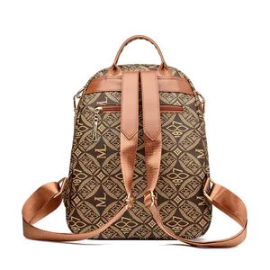 Vintage patterned PVC backpack with geometric rhombus prints and adjustable straps