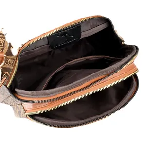 Brown printed diamond lattice backpack for women featuring multi-layer storage compartments
