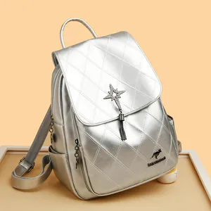 Women Fashion Quilted Backpack Star Rhinestone Tassel Daypack Composite Leather Rhombic Pattern Travel Shoulder Bag Gift