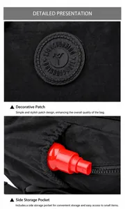 Detail view of black nylon backpack featuring a side pocket and round brand logo patch