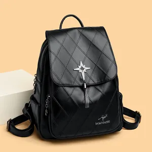 Quilted black backpack with chain tassels, star buckle, and elegant diamond stitching