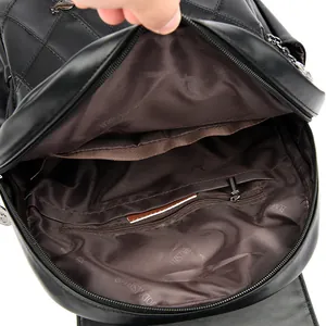Black quilted PU leather backpack with chain tassels and gold kangaroo logo emblem
