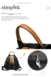 Detail view of punk rivet backpack with a dedicated earphone port and sturdy handle