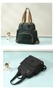 Detail view of floral and black versatile backpacks with adjustable straps and logo