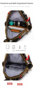 Détail de l'intérieur du sac à dos imprimé avec compartiments de grande capacité et poches