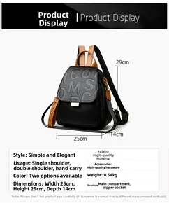 Detailed view of punk rivet backpack showing 25x29x14cm dimensions and pebble leather