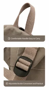 Détail de la poignée en nylon kaki et de la boucle réglable sur un sac à dos décontracté